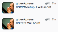 Zwei Social-Media-Posts von glueckpress mit Vorfreude auf WPMeetup und Kraft-Events.