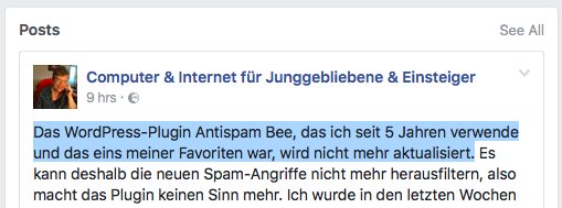 Facebook-Post über die Einstellung des Antispam-Bee-Plugins für WordPress