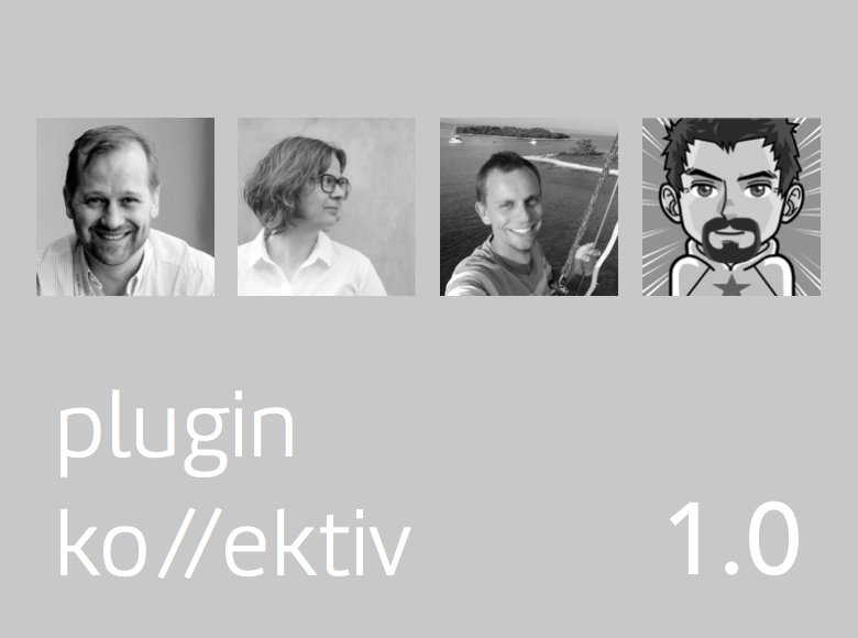 Vier Porträts von Männern nebeneinander, drei fotografische Schwarzweiß-Porträts und ein gezeichnetes Cartoon-Porträt, darunter der Text 'plugin ko//ektiv 1.0'.