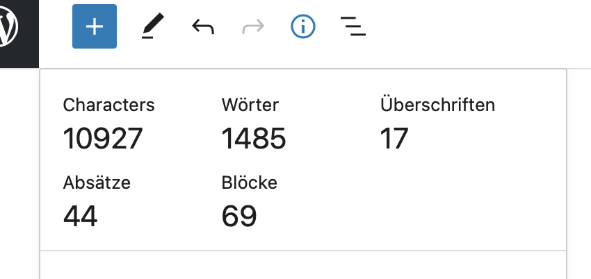 Statistik eines Textdokuments mit 10927 Zeichen, 1485 Wörtern, 17 Überschriften, 44 Absätzen und 69 Blöcken.