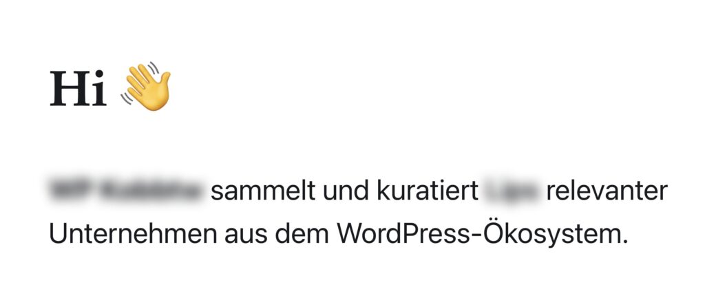 Hi-Gruß mit Winkhand-Emoji, gefolgt von Text über kuratierte WordPress-Unternehmen.