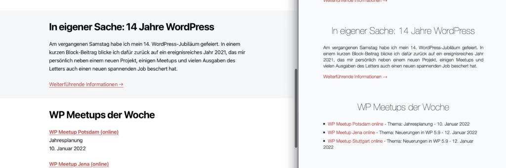 Webseite zum 14-jährigen WordPress-Jubiläum mit Informationen zu Jahresrückblick und anstehenden Meetups.