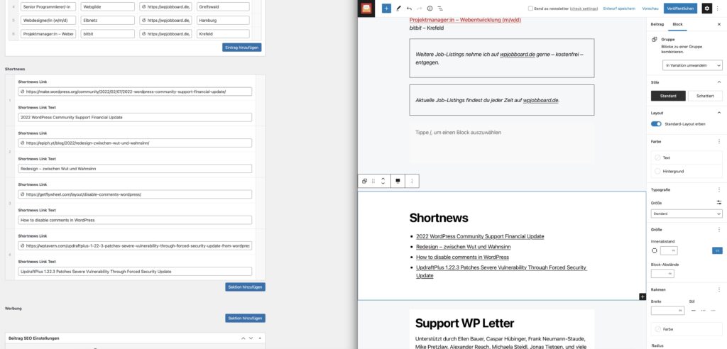 WordPress-Verwaltungsoberfläche mit Job-Listings und Shortnews-Bereich auf der rechten Seite