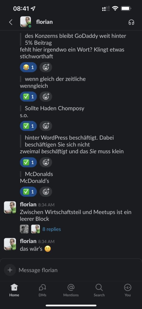 Slack-Nachrichtenverlauf eines Benutzers namens Florian mit verschiedenen Messaging-Beiträgen und Reaktionen in deutscher Sprache.
