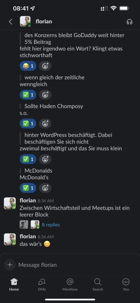 Slack-Nachrichtenverlauf eines Benutzers namens Florian mit verschiedenen Messaging-Beiträgen und Reaktionen in deutscher Sprache.