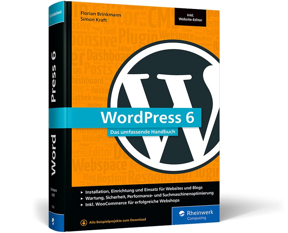 3D illustration of the book 'WordPress 6 - The Comprehensive Guide'. An orange cover with a large WordPress logo.