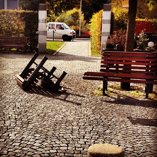 A bench flipped over