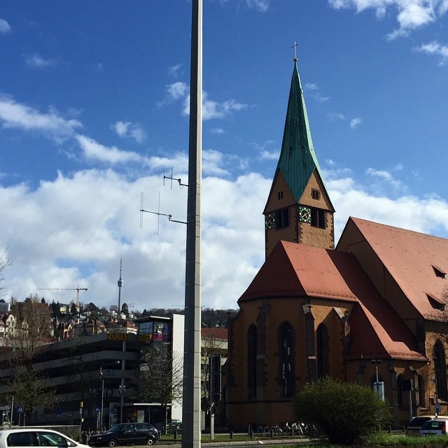 A church next to a cell tower