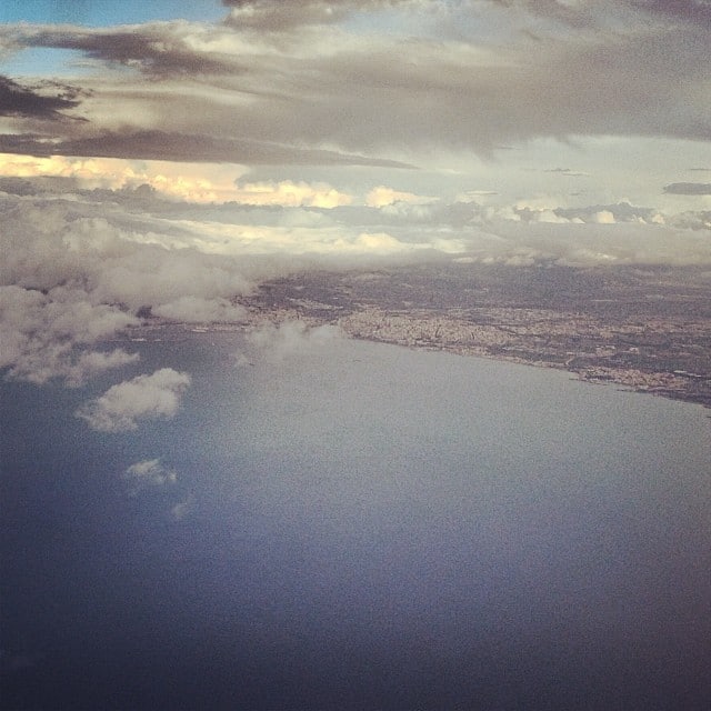 Grainy aerial photo of a coastline