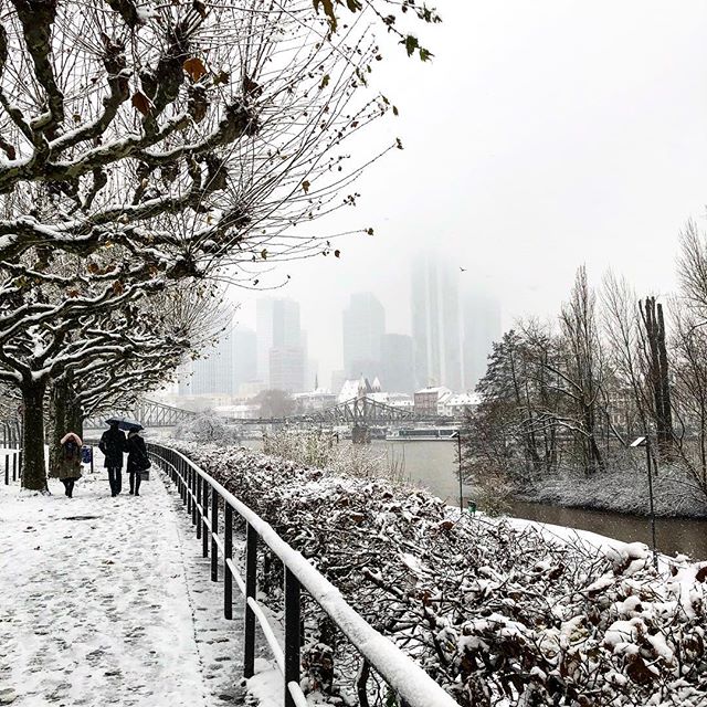 Snowy cityscape with high-rises in a foggy background