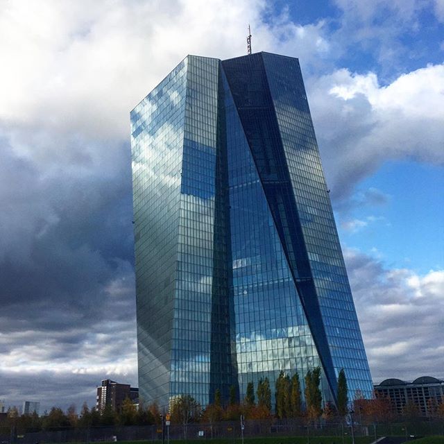 New ECB building with clouds reflecting in the glass surface